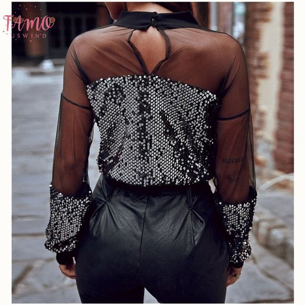 

2019 style women ladies spring summer autumn streetwear bling women sequin long sleeve see through party black top, White