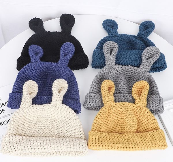 

autumn and winter hand-crocheted knitting cap korean version of cute rabbit ears hair cap fashion day department warm cover head hat, Blue;gray