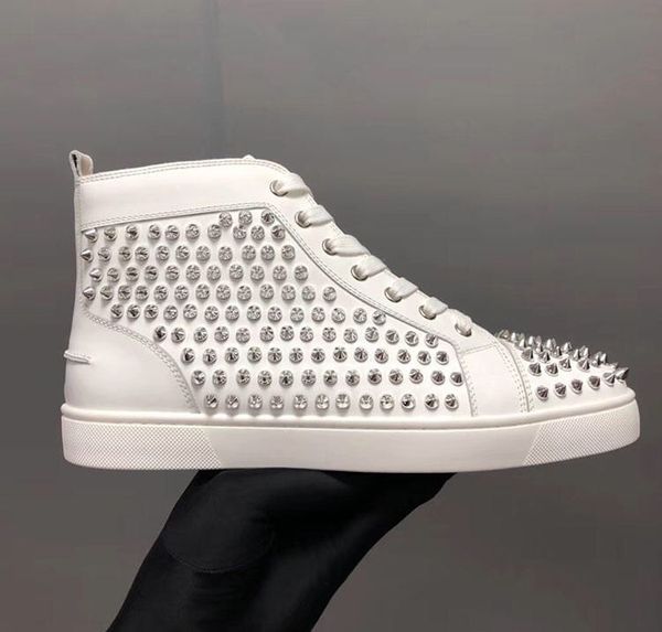

Free shipping fashion Casual men's sneakers white matt leather studded spikes lace up high top boots SNEAKERS come with dustbag and box