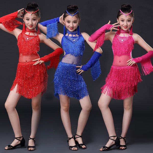 

new latin skirt for children tasseled summer girl's dance dress children's performance dress children's exercise, Black;red