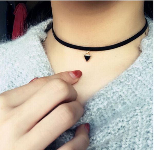 

2016 spring promotion punk black rope triangle gem necklace crystal short choker necklace fashion balck rope statement necklaces, Silver