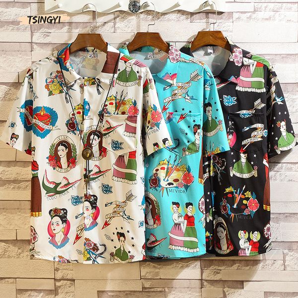 

tsingyi plus size 5xl summer hawaii shirts men women painted teenage girl & flower overhemden heren japanese style beach shirt, White;black