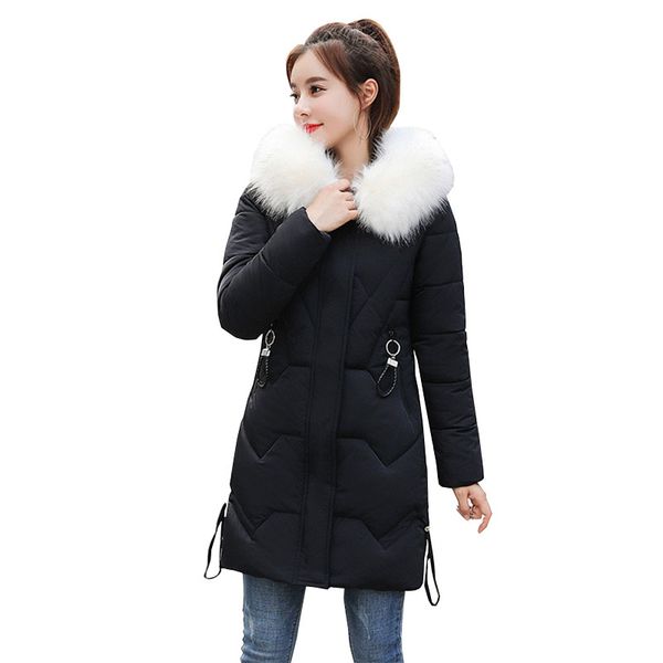 

новая зимняя тонкий с капюшоном средней длины женщины parka 2019 с длинным рукавом толстые теплые меха воротник вниз хлопка одежды мода женс, Black