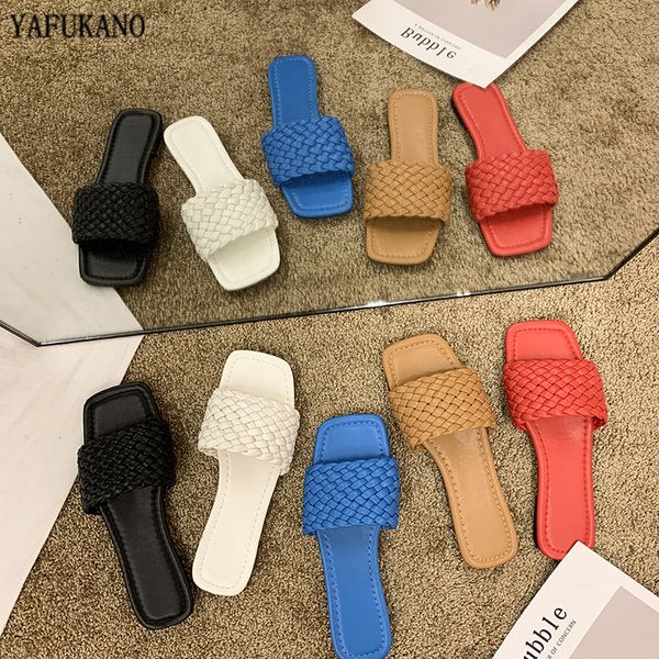 

2020 площадь тапочки toe weave кожа pu женщин сандал open toe плоский повседневный слайды летний открытый пляж женщины вьетнамки, Black