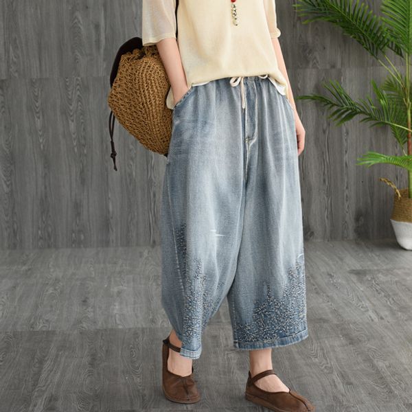 

spring summer jeans women retro loose casual denim pants new ladies elastic waist pocket embroidery scratched bleached trousers, Blue