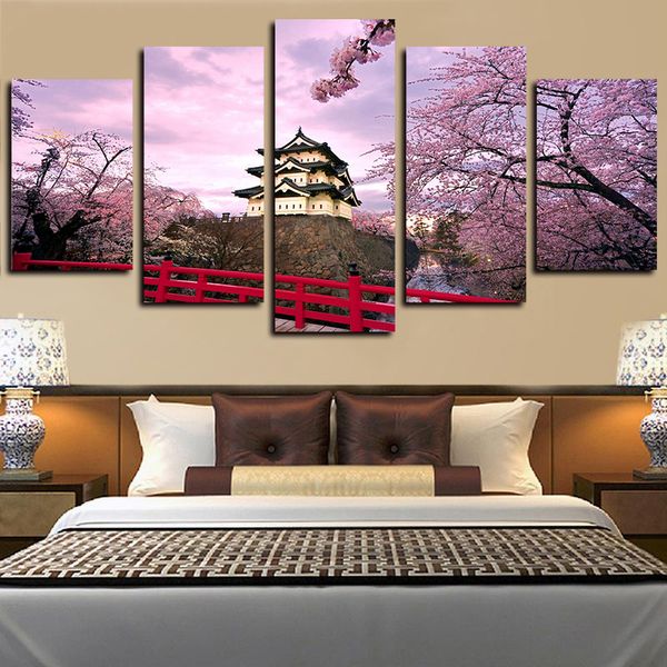 

5 piece giclee canvas prints wall art cherry blossoms castle and house pictures paintings for living room bedroom home decor