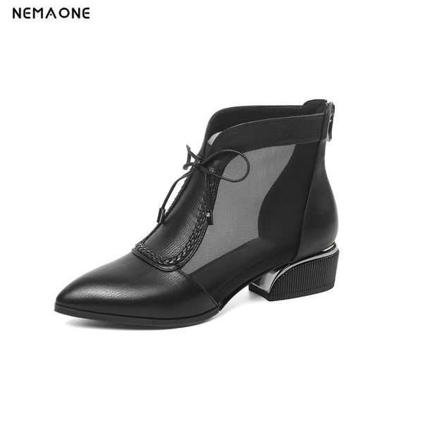 

genuine leather new pointed toe ankle summer women boots cow leather square heel ladies casual party shoes large size 34-42, Black