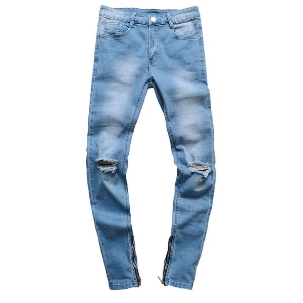 

washed mens jeans hole designer mens regular jeans with zipper slim pencil jeans male casual apparel, Blue
