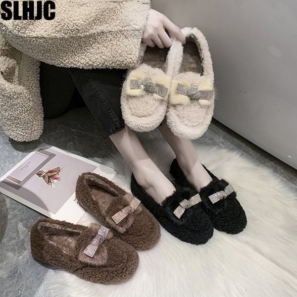 

slhjc women fur flats shoes autumn winter warm thick cotton flat heel square toe slip on female loafers ballet flats, Black