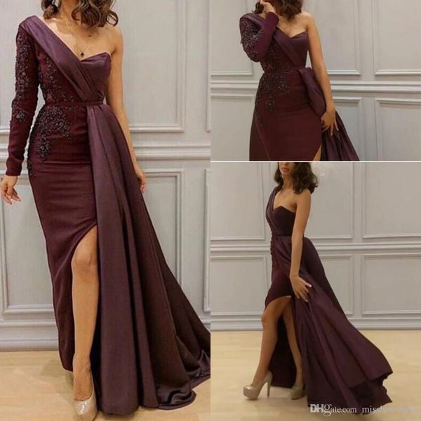 

modern one shoulder satin evening dresses long lace applique beaded split floor length ruched prom gowns vestidos de festa, Black;red