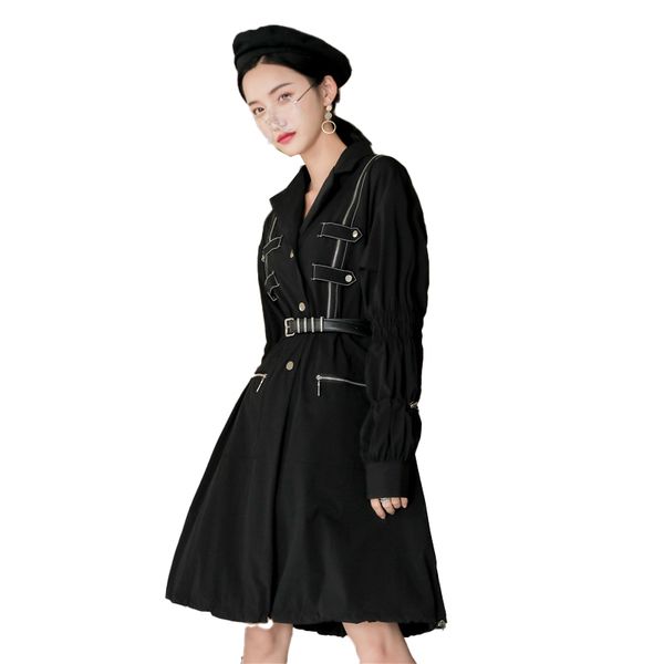 

women trench coat long coats modern black bandage design sense zipper function personality long sleeve belted windbreaker 62q, Tan;black