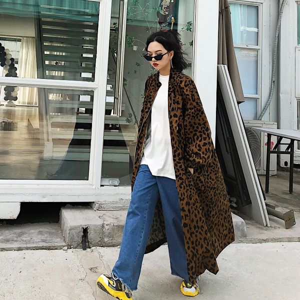 

jasmine design loose large edition fashion leopard-print coat women's bf tools wind knee long overcoat jacket, Black;brown
