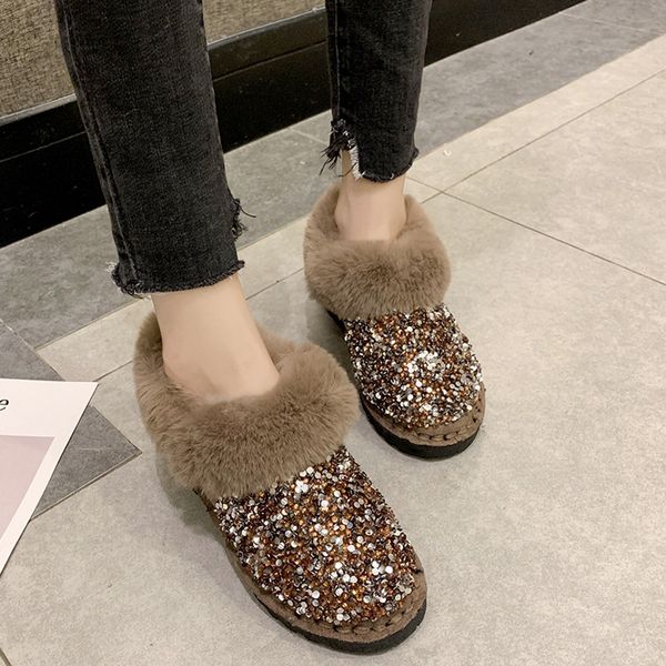 

plush sequined flat ankle boots for woman winter warm cotton plus velvet low snow boots woman shoes non-slip snow drop, Black