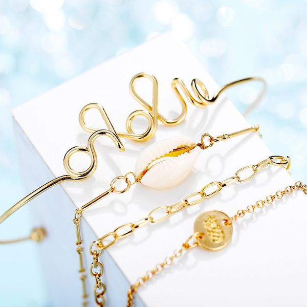 

pineapple shell charm bracelets set 4pcs vintage bohemian open bracelet bangle sets beach party jewelry for women wholesale dhl, Golden;silver