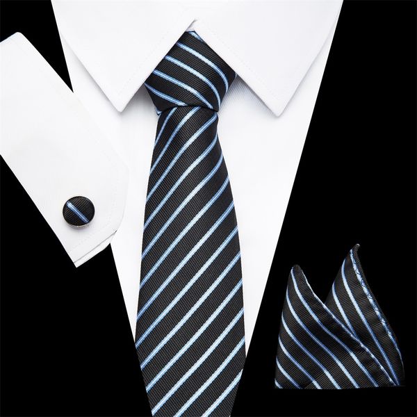 

7.cm men's classic 100% silk blue tie set hanky*cufflinks stripe pocket square neck tie party business wedding necktie gift men, Blue;purple