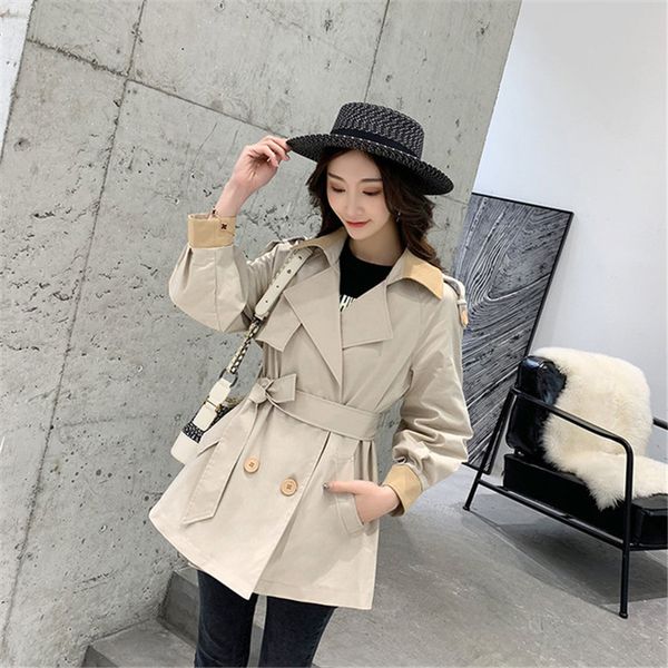 

women's long sleeves korean british trench coat 2019 spring autumn coats new loose tie windbreaker outerwear n967, Tan;black