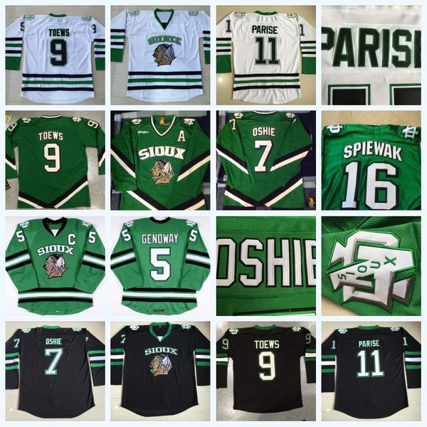 

north dakota fighting sioux 8 nick schmaltz 16 brock boeser 29 brock nelson 7 tj oshie 9 jonathan toews 11 zach parise college jersey, Black