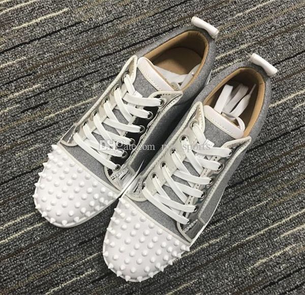 

red bottoms casual shoes 2019 fashion designer black red grey men women loafers rivets crystal leather sport low sneakers 04