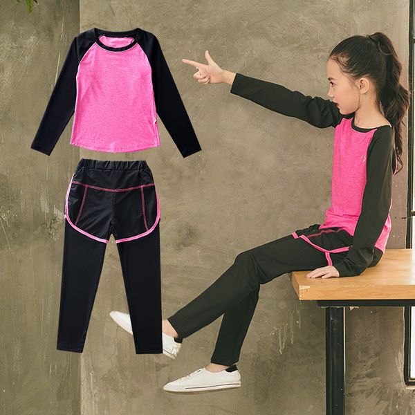 

girls sportswear thermal underwear baby sports t shirt gym pants fitness leggings for kids sports sets running wear shirts, Black;blue