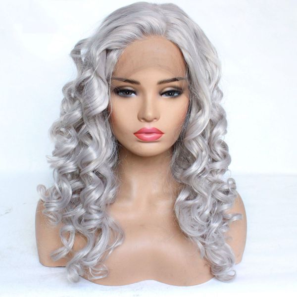 

13*4 lace front wig gray loose wave synthetic lace front wigs glueless for american african women's wig medium grey curly hair daily&co, Black