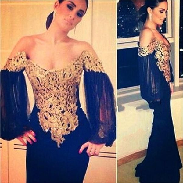 

Sexy Off The Shoulder Long Sleeve Prom Dresses 2019 Gold Lace Gowns Custom Made Scoop Black Mermaid Evening Dress Robe De Soiree