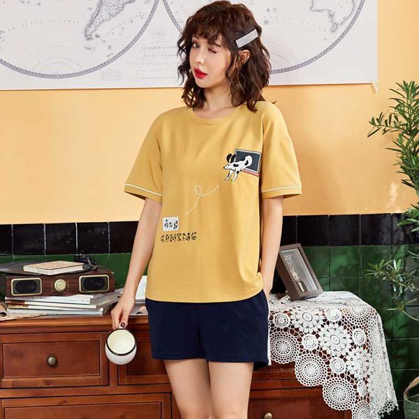 

round neck print cartoon new short sleeve cute women clothing two piece set round neck casual pajama set female pijamas mujer, Blue;gray