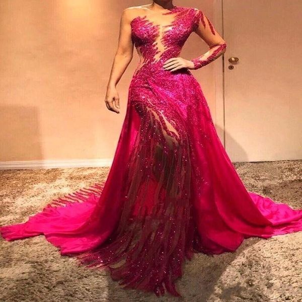 

2020 fuchsia sequin prom dresses one shoulder mermaid sparkly long sleeves formal evening celebrity elegant gowns custom made, Black