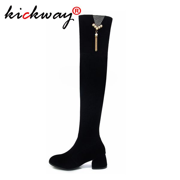 

knee high boots women's winter boots thick high heels long round zipper spring autumn shoes woman black plus size 34-43