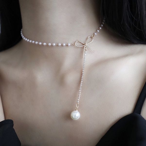 

yumfeel brand new imitation pearl choker necklace women 2019 jewelry fashion bowknot crystal pearl pendants, Silver
