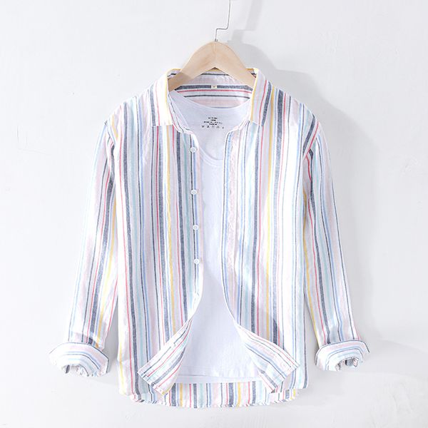 

2020 men's long sleeve shirts multicolor striped cotton linen turn-down collar fashion casual men clothes y2327, White;black