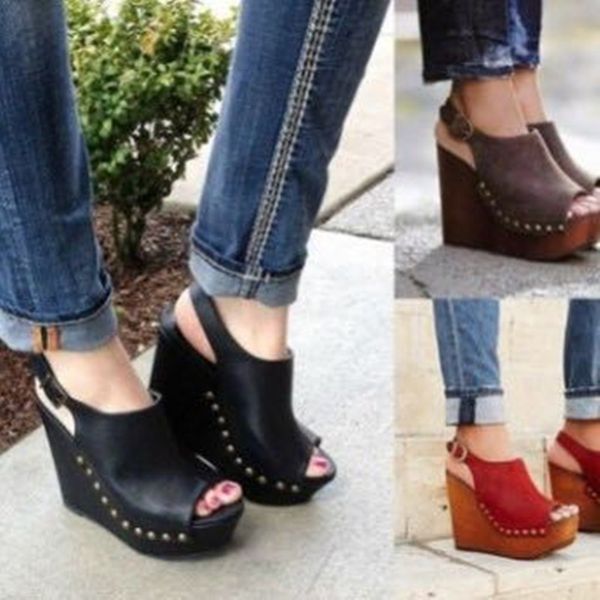 

zandina handmade ladies wadge heel sandals slingback peep-toe office party prom shoes large size club fashion evening sandals d374, Black