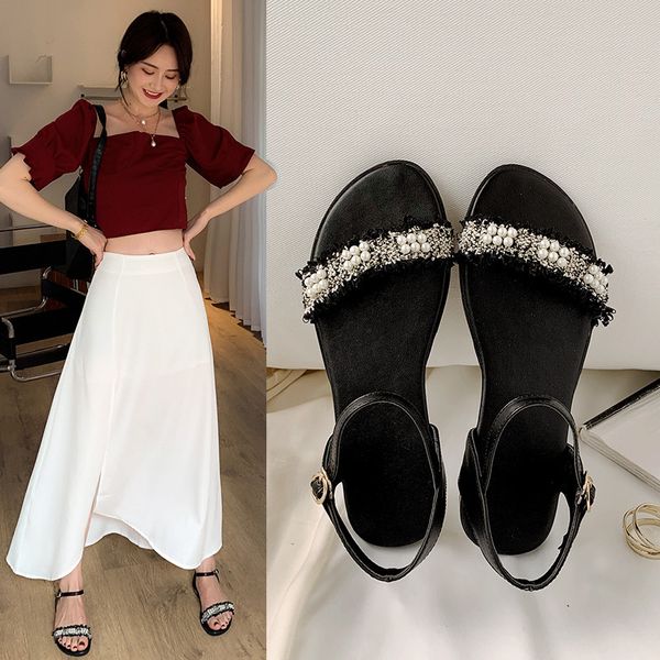 

yqbtdl 2020 new summer flat sandals women black white daily string bead beach casual ladies shoes large size sandals 34-44