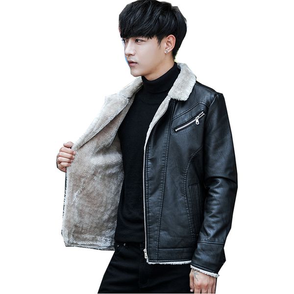 

fashion brand men leather jacket fleece faux leather coats male outerwear winter warm jackets jp21, Black