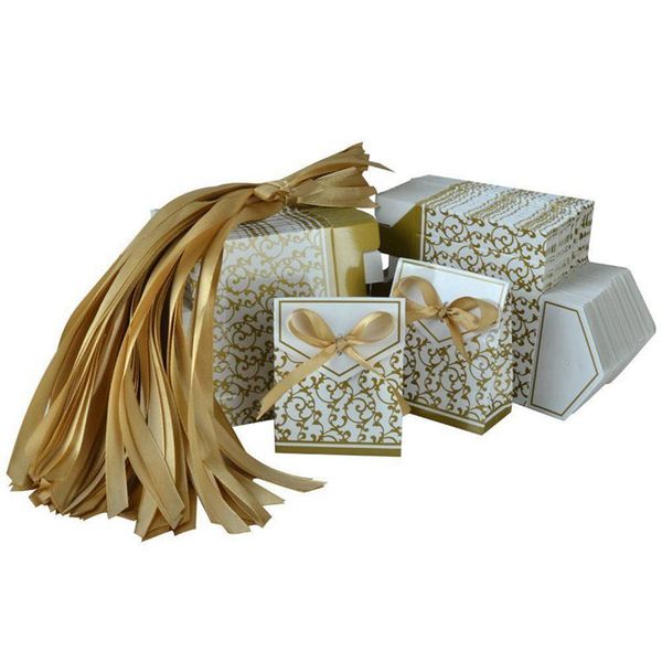 

50pcs lovely wedding party gift favors candy paper boxes with ribbons (golden