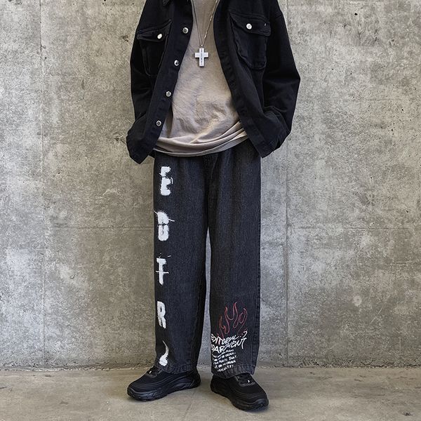 

2019 spring and autumn japanese personality letters inkjet tide loose printed jeans fashion casual trousers black -2xl, Blue