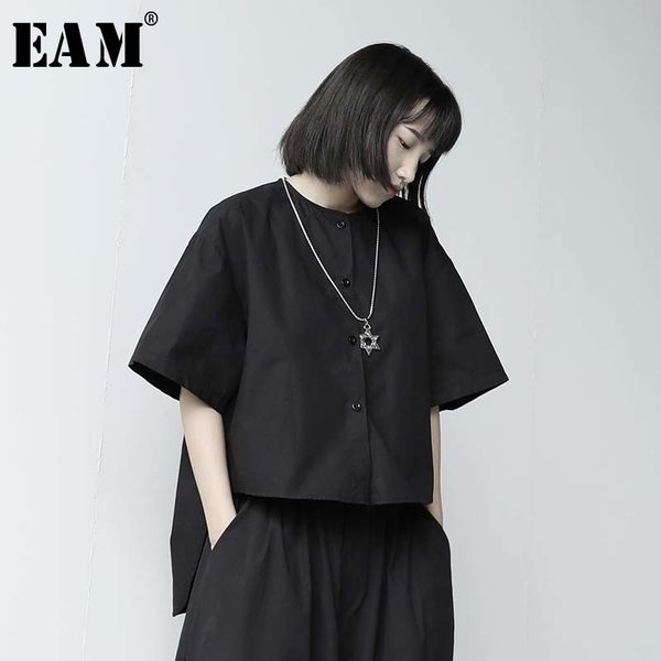 

eam] женщины black назад long темперамент блуза новый раунд шеи половина рукава сыпучие fit рубашка мода tide весна-лето 2020 1w287, White