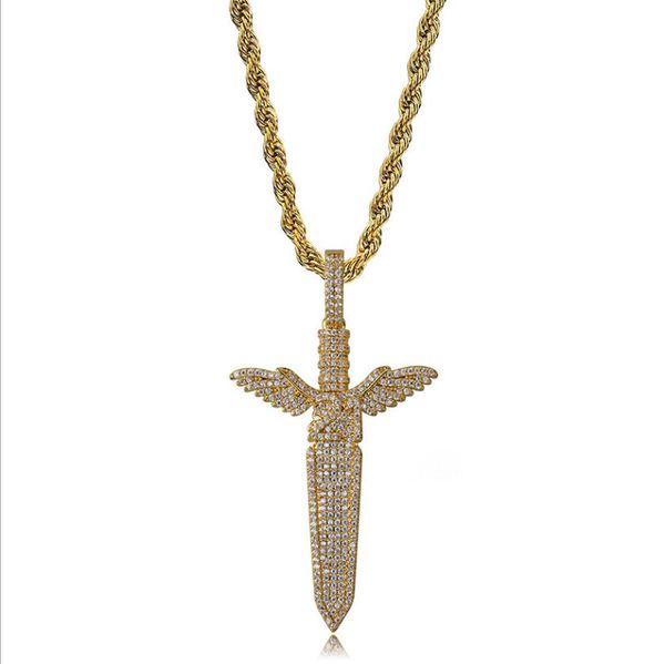 

hip hop ожерелья изысканный класс качества вопиющий bling циркон angel sword подвеска luxury 18k позолоченный ожерелье ювелирные изделия, Silver