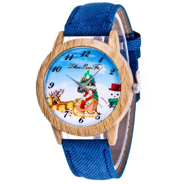 

new quartz watch xmas santa claus reindeer background cowboy cloth leather strap wooden round dial watches, Slivery;brown