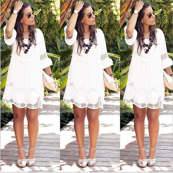 

white vacation weekend bohemian beach lace hollow out flounce sleeve mini loose hem dress summer women dress plus size 6xl, White;black