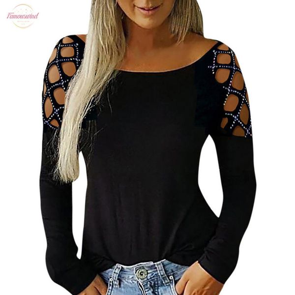 

2020 women autumn leisure holiday tees ladies black basic shinny studded hollow out studded long sleeve casual t shirt, White