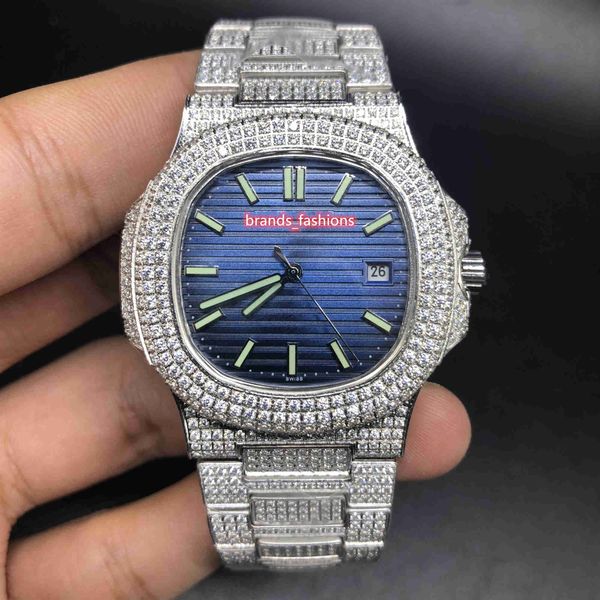 Einzigartige und glamouröse Herren-Diamantuhr, silberne Edelstahlgehäuseuhr, blaues Zifferblatt, Diamantarmband, automatische mechanische Armbanduhr