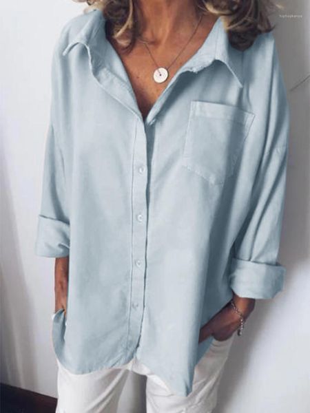 

loose womens shirts pocket solid color button tees turn down neck long sleeve womens designer tshirts plus size linen, White