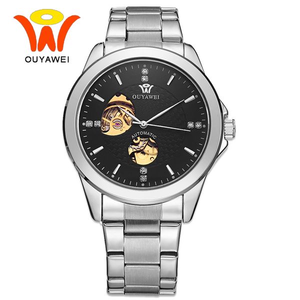 

men's skeleton automatic self winding watches men ouyawei fashion classic silver automatic mechanical wrist watch horloges manne, Slivery;brown