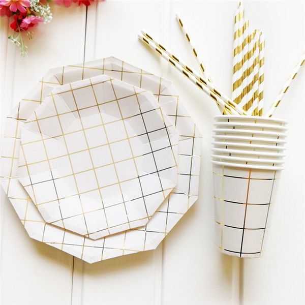 

delicate grid gold foil party tableware disposable birthday supplies plate simple style including various of practical tableware