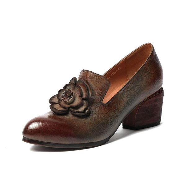 

yourseason 2020 spring autumn vintage women pumps round toe casual slip on flower print ladies genuine leather shoes square heel, Black