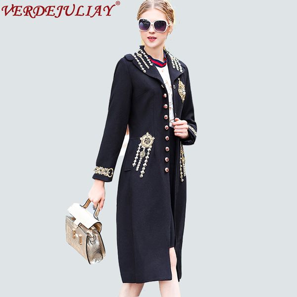 

vintage coats 2018 early spring fashion turn-down collar single breasted beading rivet european black women luxury x-long coat