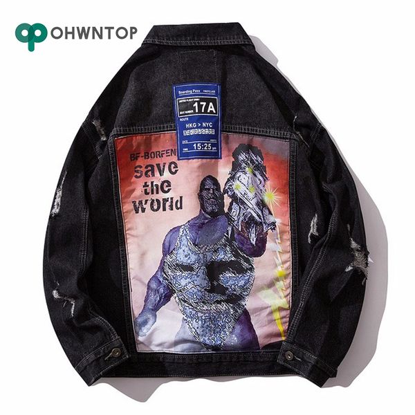 

distressed hip hop denim jackets men streetwear funny print coat 2019 fashion jeans coat autumn streetwear punk rock jackets men, Black;brown