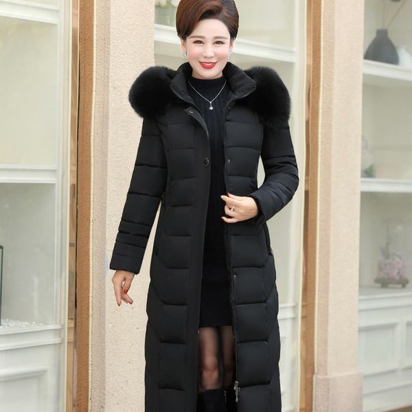 

winter down cotton girl slim fit long coat cotton large size fashion hooded fur collar jacket, Black
