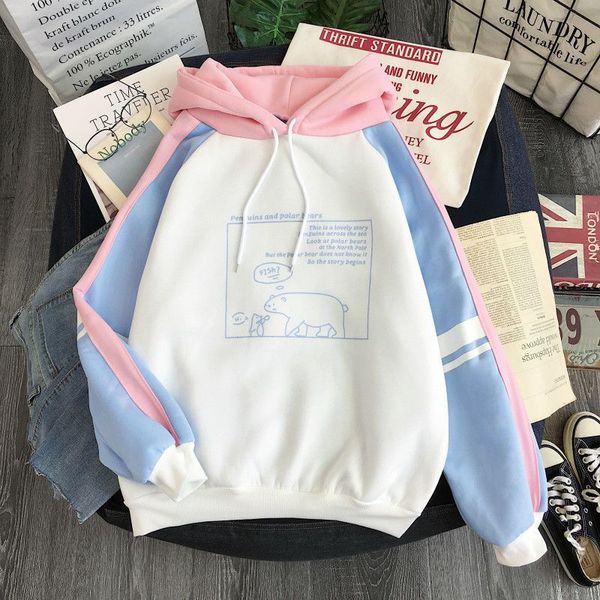 

autumn winter fashion patchwork hoodies cartoon pattern casual pullovers women hooded sweatshirts, Black