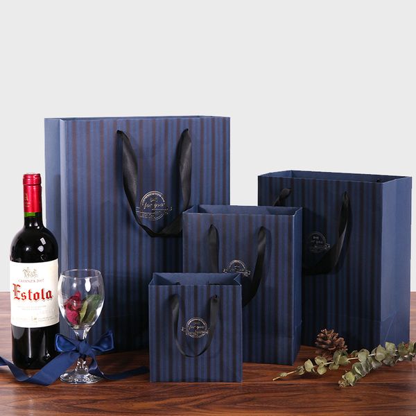 

business bags blue stripe laminated paper gift bags with ribbon handle lines candy gift holder shop family business present